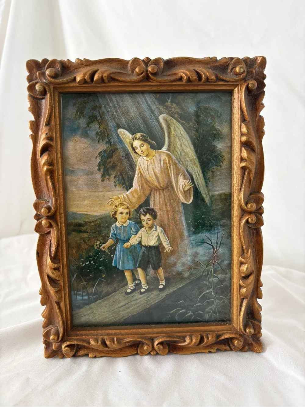 Vintage midcentury wood frame guardian angel foil print art children home decor